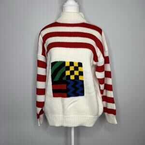 Vintage One Step Up Red White Geometric Colorblock Knit Sweater Women’s Large